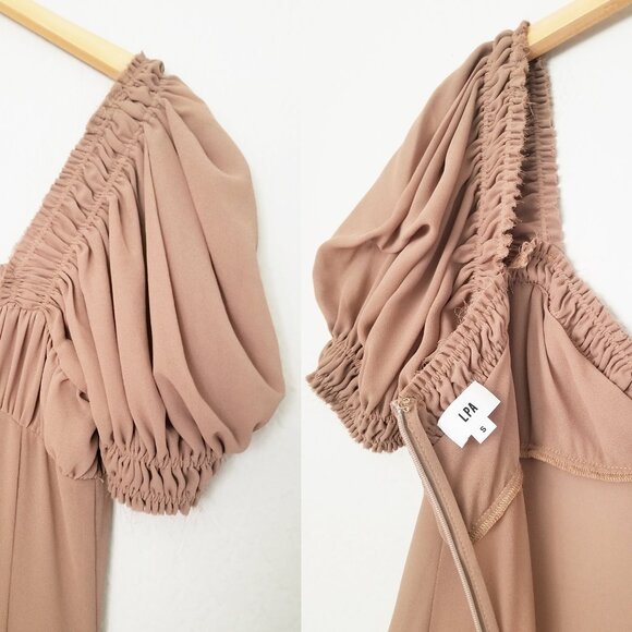 LPA Davina Midi Dress in Mocha Latte Size S Sheer Chiffon Milkmaid Mermaid $259 - Picture 13 of 15